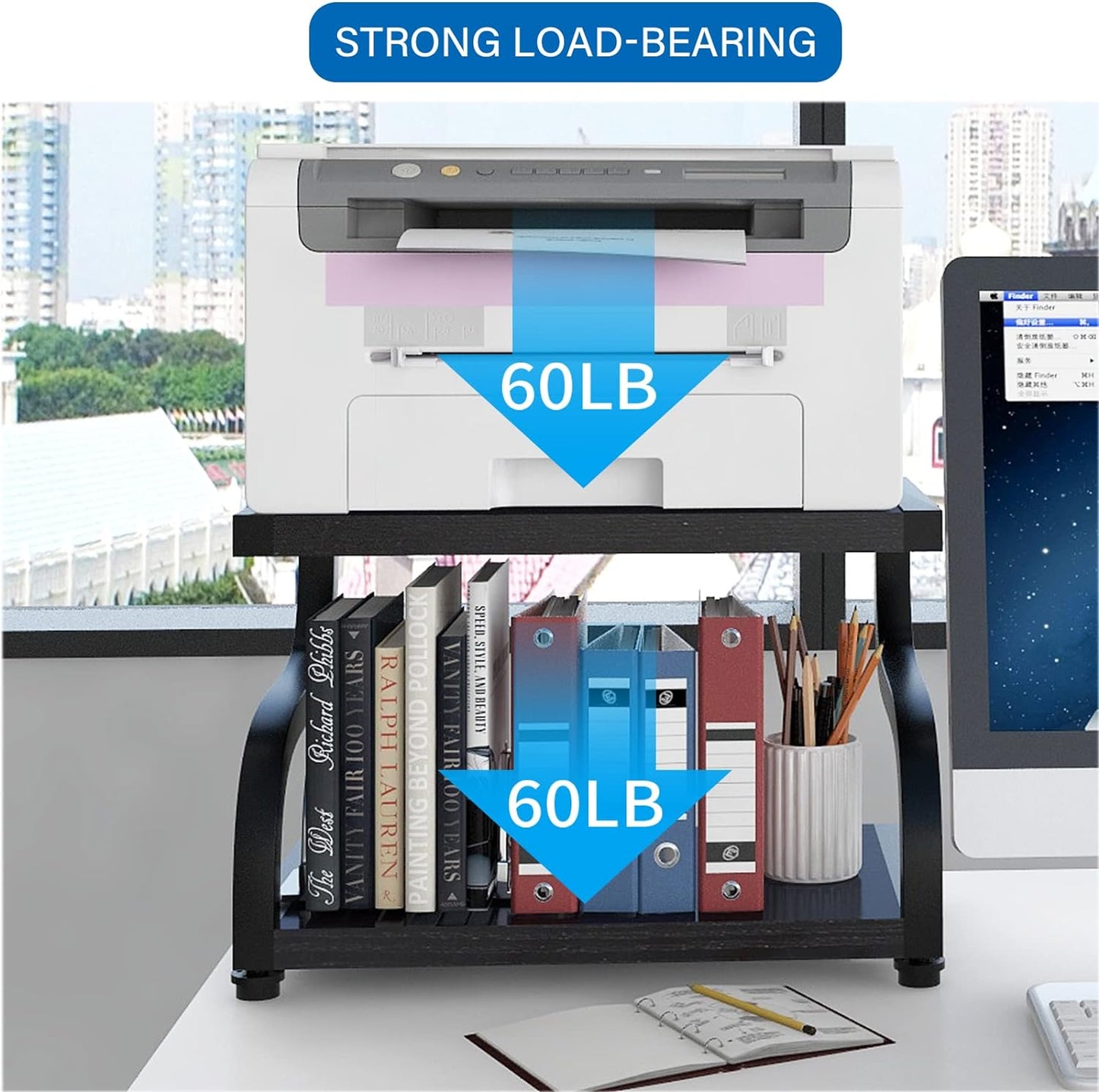 2-Tier Retro Wood Desktop Printer Stand with Storage and Heavy Duty Organizer Rack Shelf for Home Office