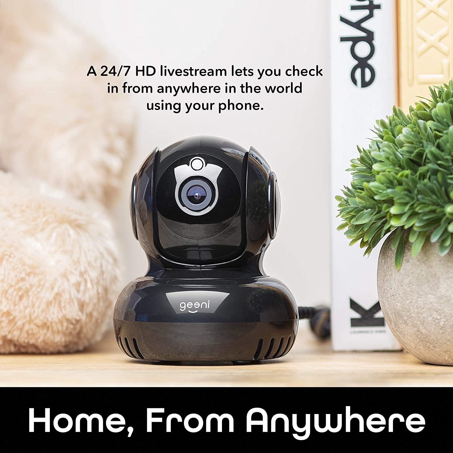 Black Wireless Indoor Surveillance Camera with Auto Tracking Alerts, Motion Zones, Pan/Tilt/Zoom, 2-Way Talk, Night Vision, Works with Alexa and Google Home, 1080P