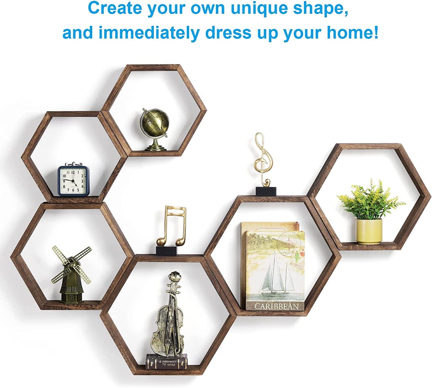 Set of 6 Hexagon Floating Shelves - Farmhouse Honeycomb Wall Storage Shelves made from Wood. These Hexagonal Shelves are Wall Mounted, Hanging, and add a Rustic Touch to Bedroom, Living Room, Hallway, and Office Decor in Brown.