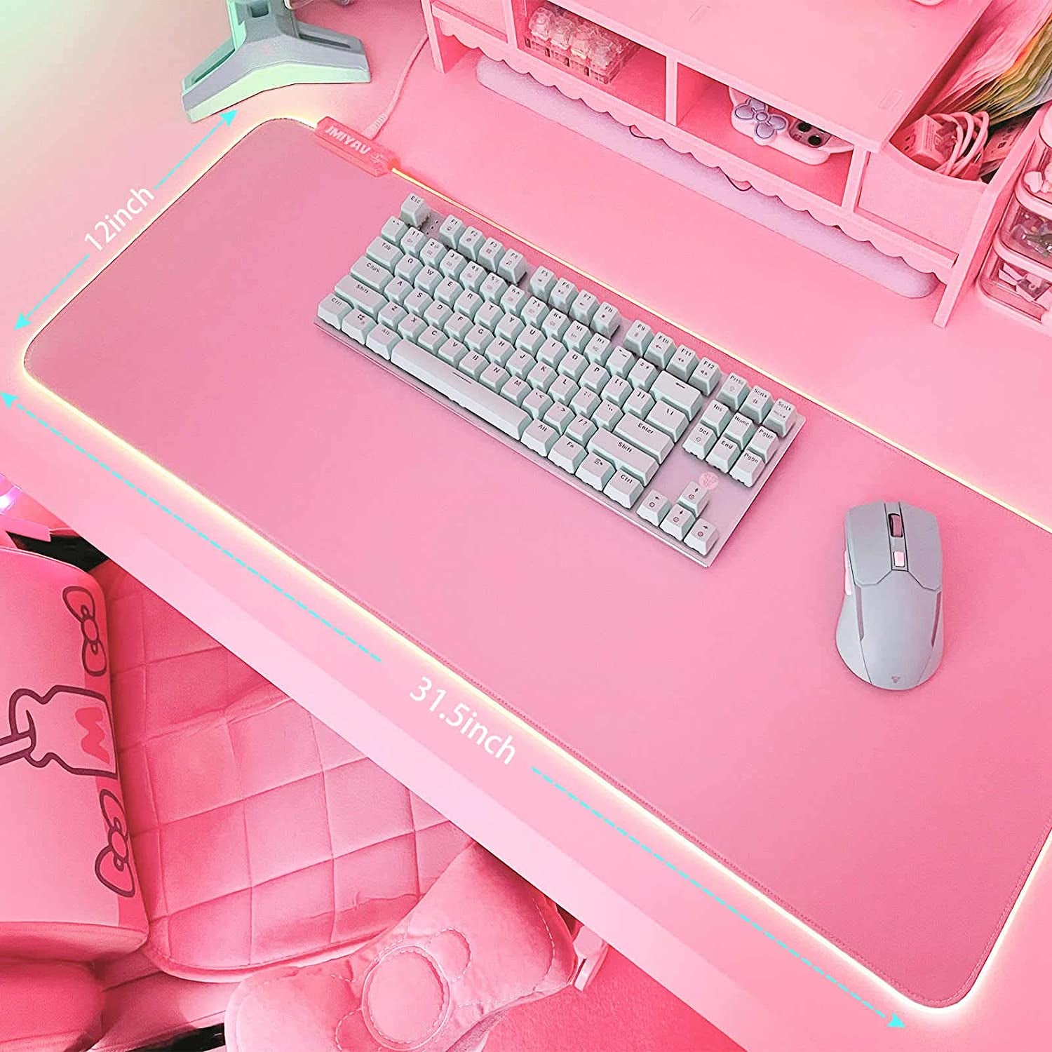 Pink RGB Gaming Mouse Pad - 31.5X12 Inch, XL Extended Size, Glowing LED Light, Non-Slip Rubber Base, Cute Design 