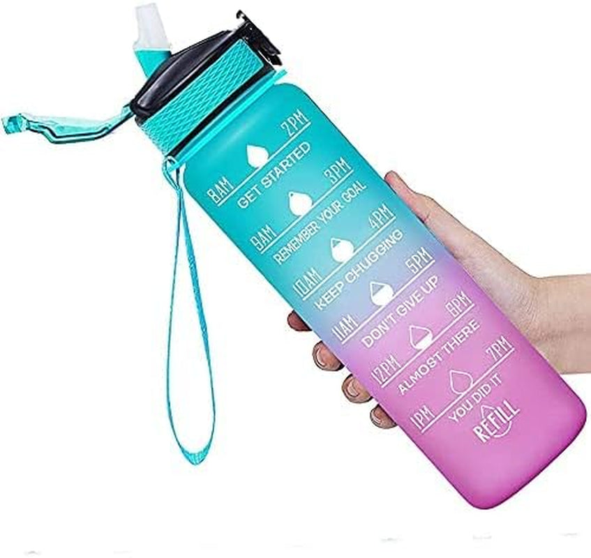 32 oz Motivational Water Bottle with Straw - BPA-Free Tritan Travel Bottle - Wide Mouth Design - Ideal for Sports, Fitness, Hiking, Workouts, and Gym - 1 Liter Capacity - Vibrant Blue Color.
