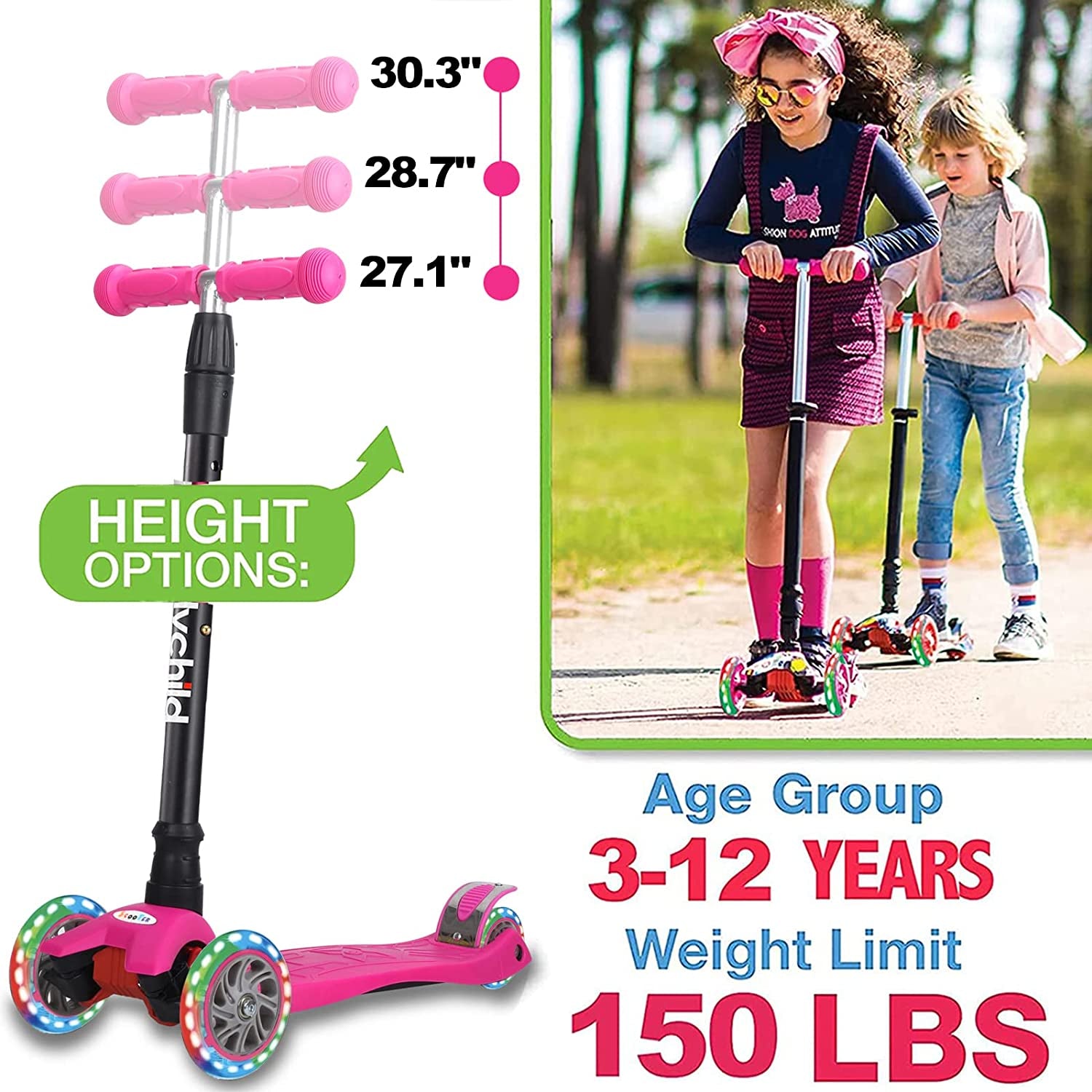 Youth Scooters: 3-Wheel Kick Scooter for Toddlers, Boys, and Girls, with 4 Adjustable Height Options, Lean-to-Steer Design, Extra-Wide Deck, and Light-Up Wheels, Suitable for Children Ages 3 to 14