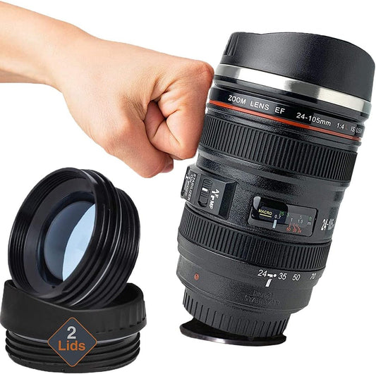 Stainless Steel Camera Lens Mug with Smart Grip Suction, 13.5 Oz Travel Cup - Ideal Gift for Photographers, Father's Day, and Special Occasions