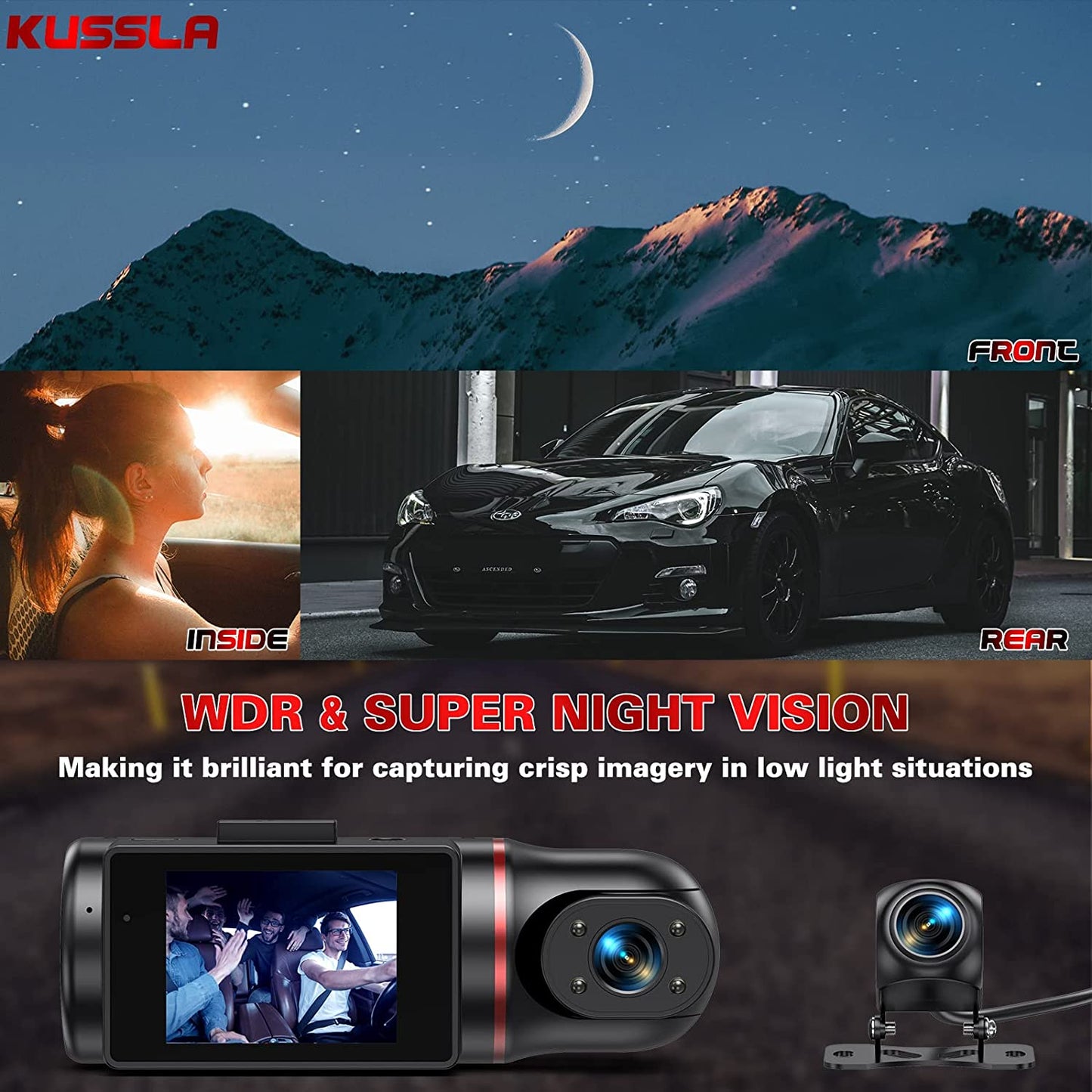 Rotatable Dashcams for Cars with 3 Channel Front and Rear Inside FHD 1080P Dash Cam, SD Card Included, Super Night Vision, Loop Recording, G-Sensor, WDR, and Motion Detection