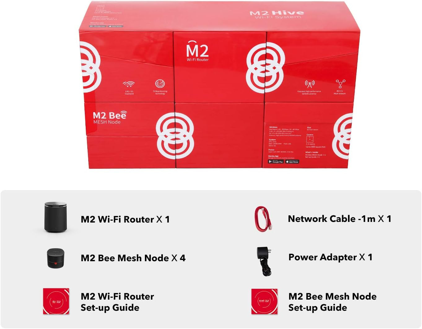 Compact Plug-In Design Mesh Wifi System M2 Hive Router Network for Whole Home Internet - Wireless Coverage up to 5000 Sq. Ft. (1 M2 Standalone + 4 Bee Mesh Nodes) with Automatic Connection and Wi-Fi Extenders