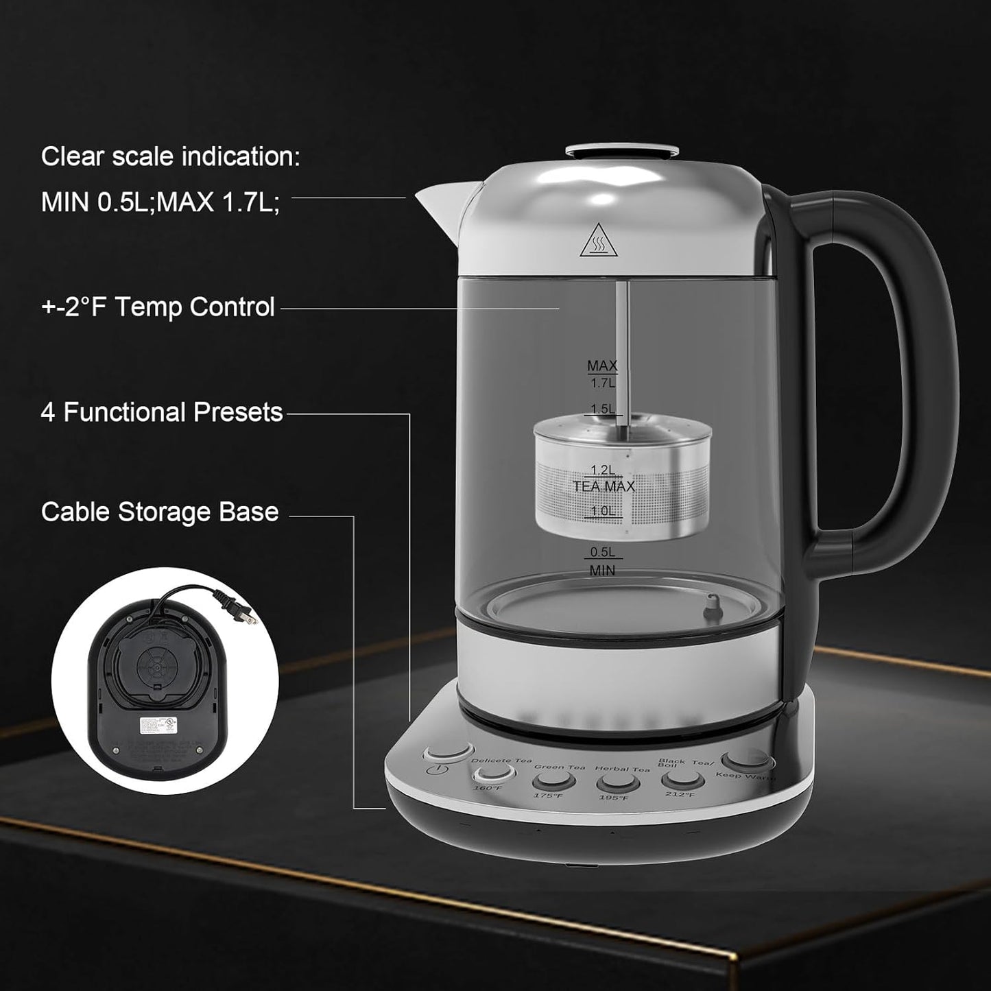 1500W Electric Tea Kettle - Detachable Infuser, 1H Keep Warm, 4 Presets, Smart Water Boiler, Strix Temperature Control, Auto Shutoff, Glass Kettle with Dry-Boil Protection, 1.7L