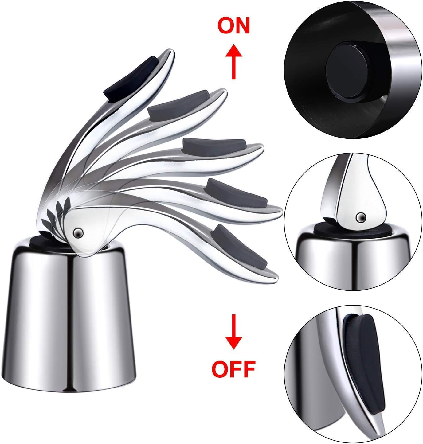 Set of 3 Reusable Stainless Steel Wine Stoppers - Vacuum Sealer to Preserve Wine and Champagne Freshness - 1.6 x 3.7 inches