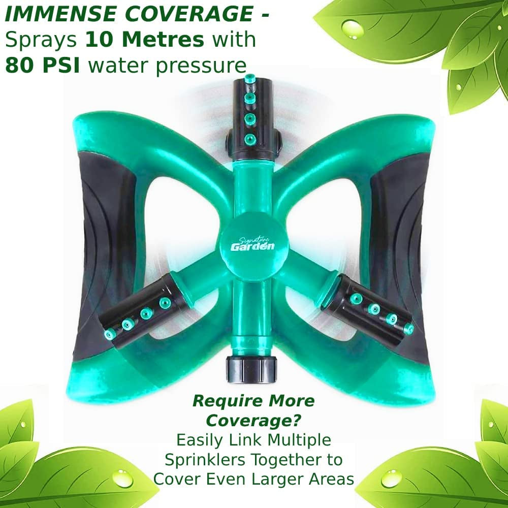 Three Arm Garden Sprinkler with Twelve Built-in Spray Nozzles - Provides 360 Degree Rotation and Covers 3600 Square Feet