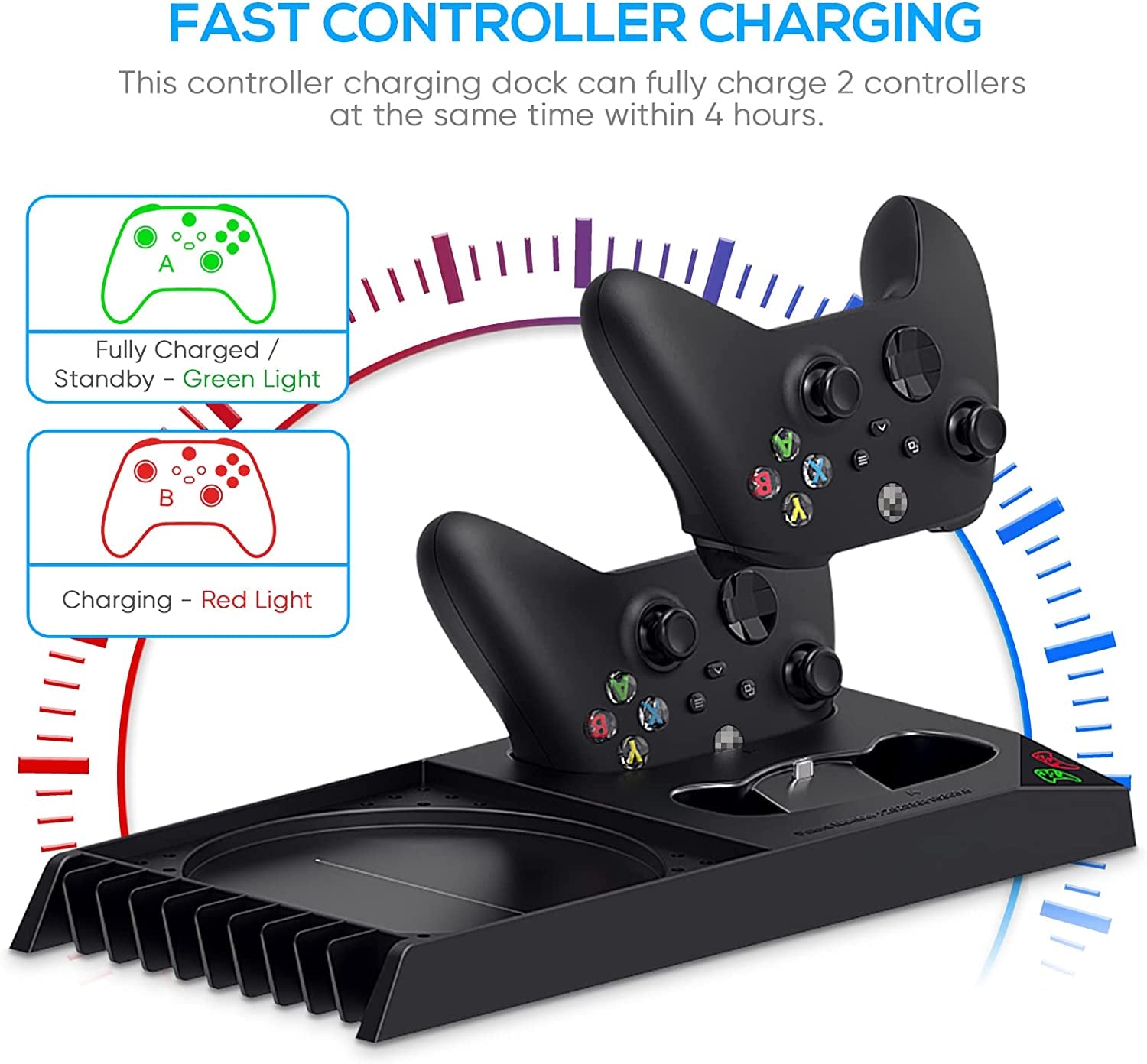 Vertical Charging Stand with Cooling Fan for Xbox Series X Console & Controller, Dual Charger Station Dock with Rechargeable Batteries, Protective Cover, Headset Stand, and Game Slots (Black)
