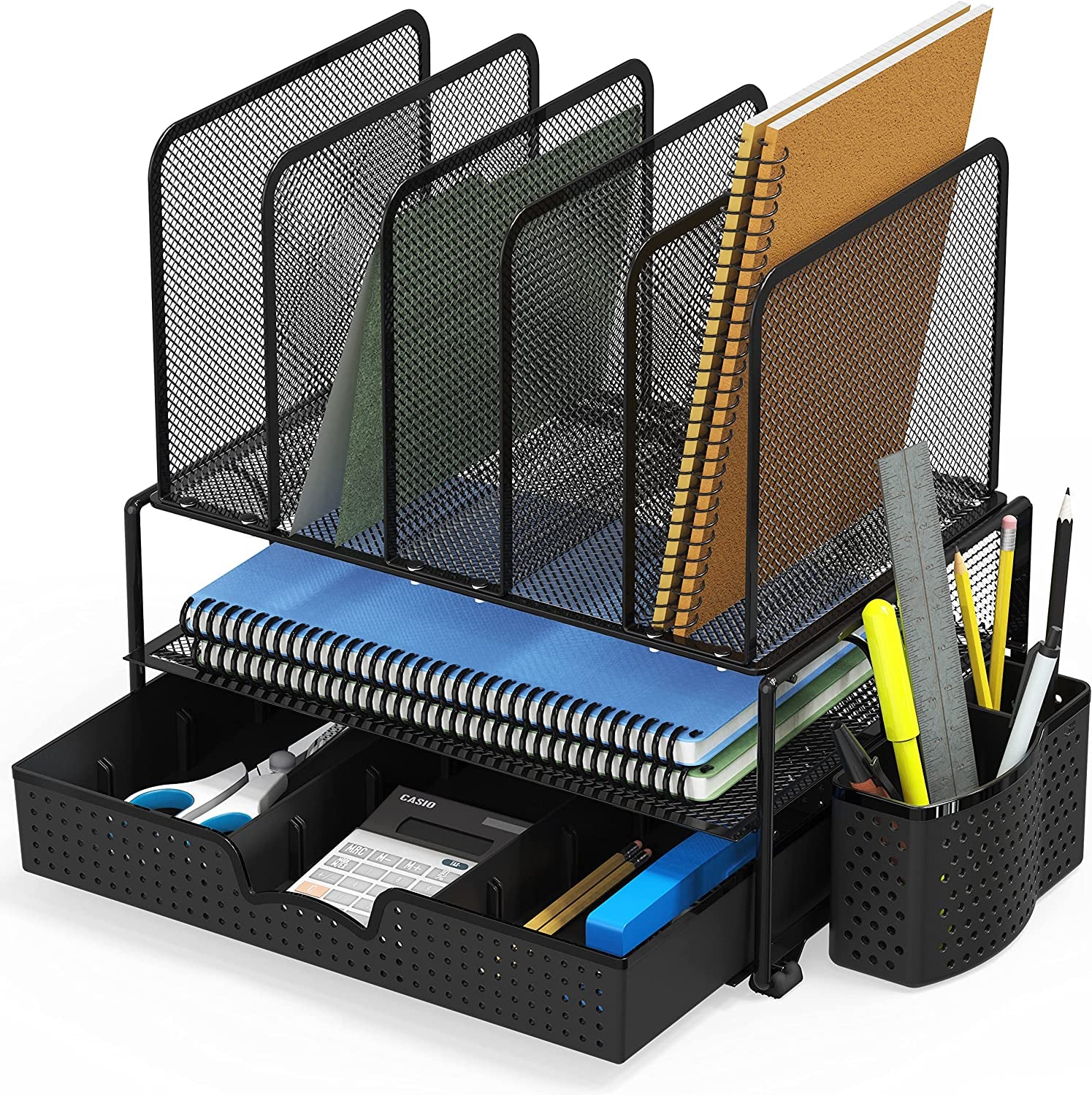 Simple Mesh Desk Organizer - Sliding Drawer, Double Tray and 5 Upright Sections, Black