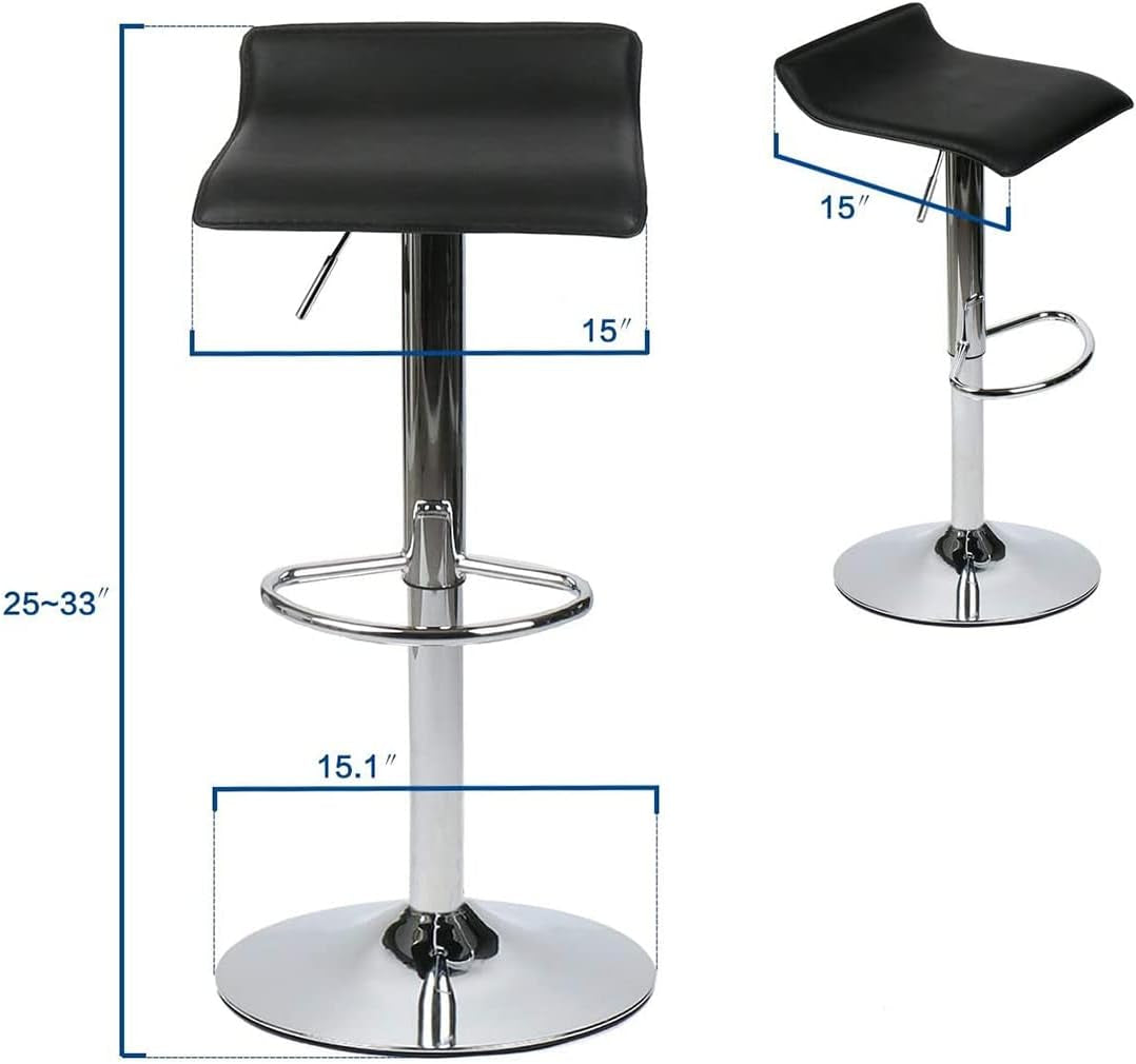 Set of 2 Swivel and Height Adjustable Black Bonded Leather Bar Stool Chairs for Furniture. These chairs feature a 360-Degree Swivel, Low Backrest, and Stable Footrest.