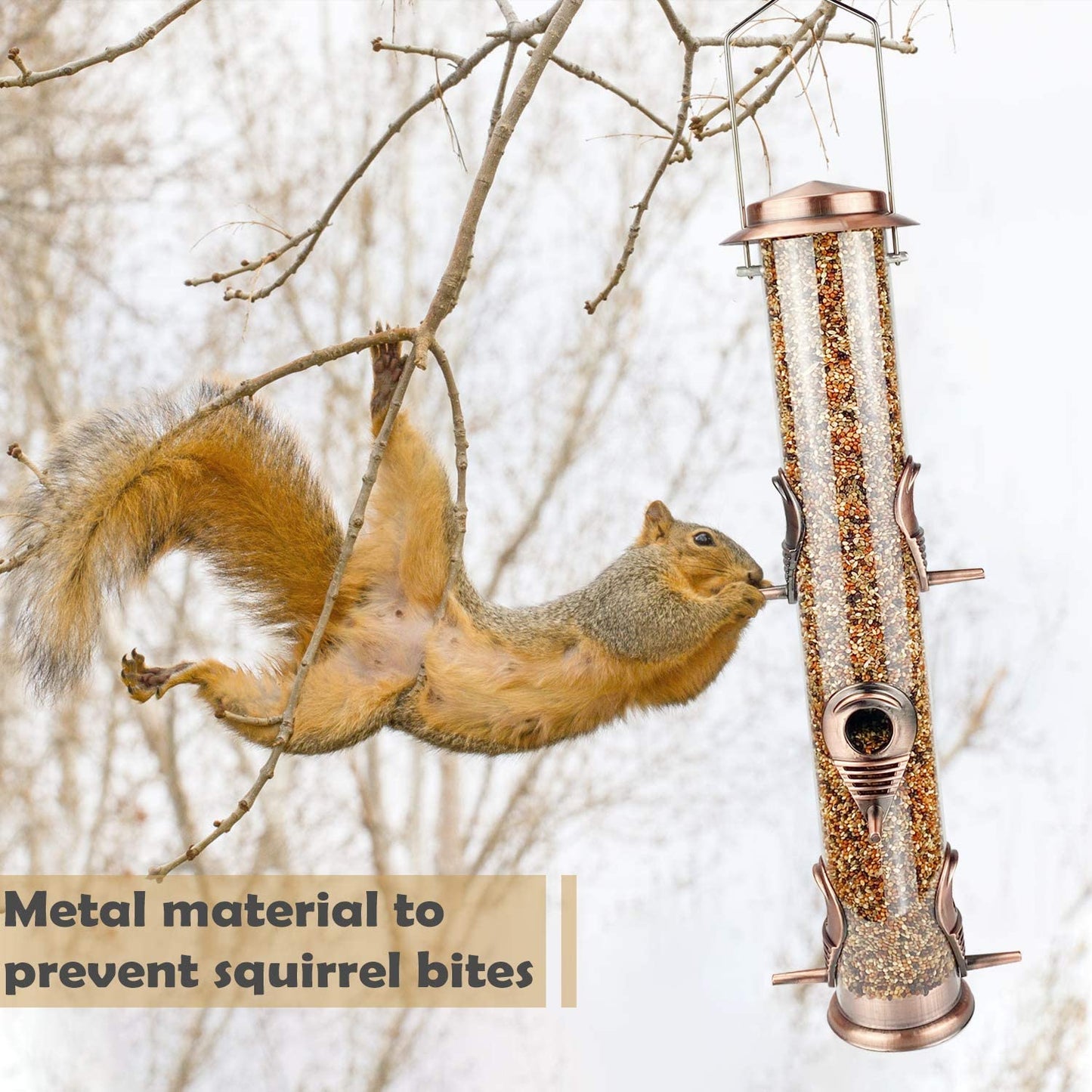 Antique Copper Hanging Bird Feeder - Metal Tube Design with 6 Ports, Attracts Wild Birds to Your Lawn, Garden, and Balcony; Perfect for Outdoor Use