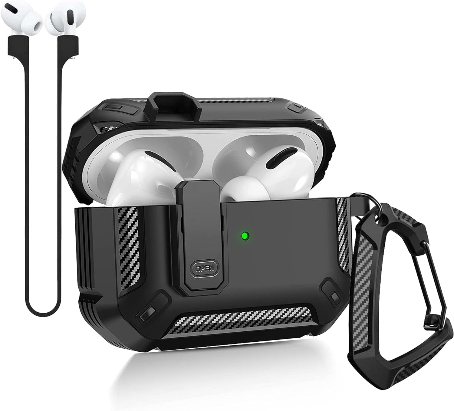 Premium Protective Case for Apple AirPods Pro 2nd Generation - Durable Shockproof Cover with Keychain, Snap Switch, and Magnetic Anti-Loss Strap (Black)