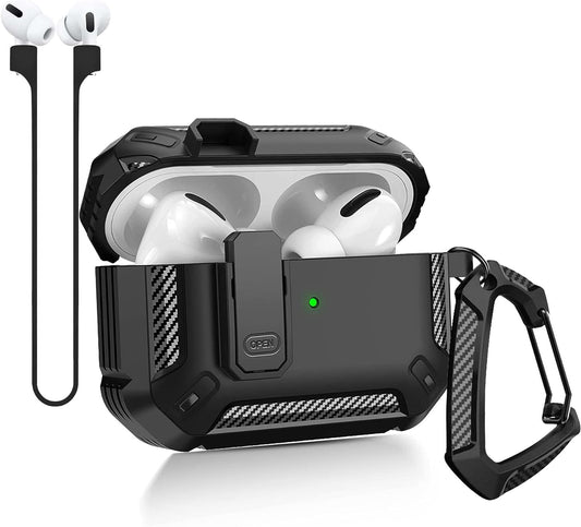 Premium Protective Case for Apple AirPods Pro 2nd Generation - Durable Shockproof Cover with Keychain, Snap Switch, and Magnetic Anti-Loss Strap (Black)