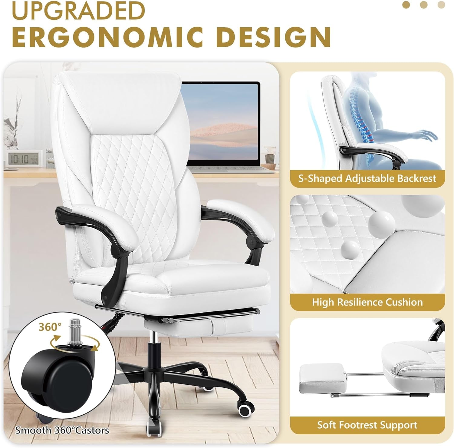 Executive Ergonomic Office Chair with Foot Rest and Lumbar Support, Designed for Big and Tall Individuals - White