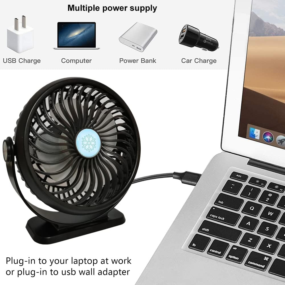 5-Inch USB Desk Fan with 3 Speeds: Powered by a 2600mAh Battery and USB, this Mini Desktop Fan Provides Strong Airflow. Versatile for Home, Office, Outdoor, and Travel Use. Color: Black.