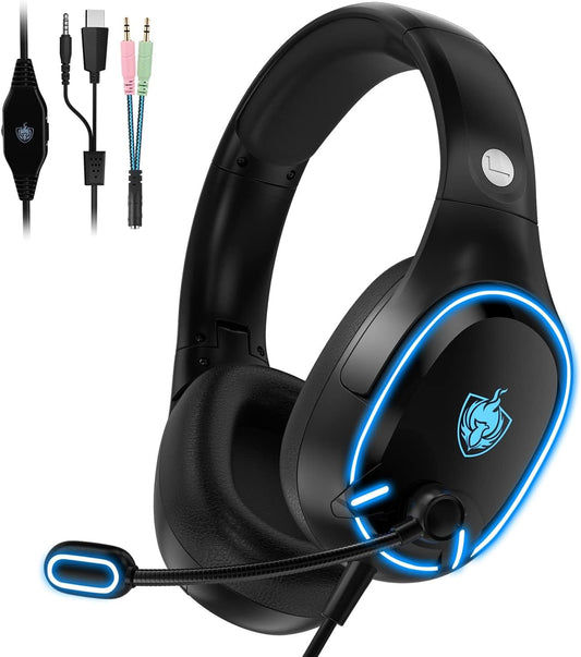 Premium Gaming Headset with 7.1 Surround Sound, Noise Cancelling Mic, and LED Light - Compatible with PC, PS4, PS5, Nintendo Switch, and More (Blue)