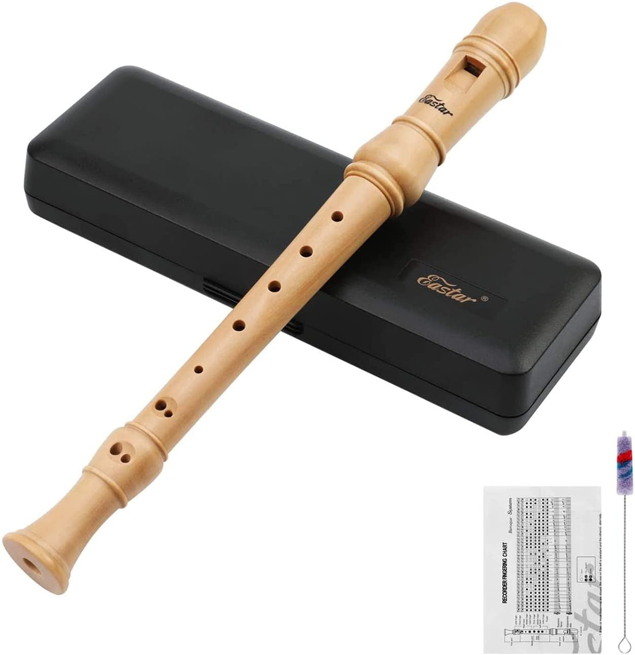 Soprano German Style Recorder for Beginner Kids - C Key Maple Wood 3 Piece Recorder Instrument with Hard Case, Fingering Chart, Cleaning Kit 