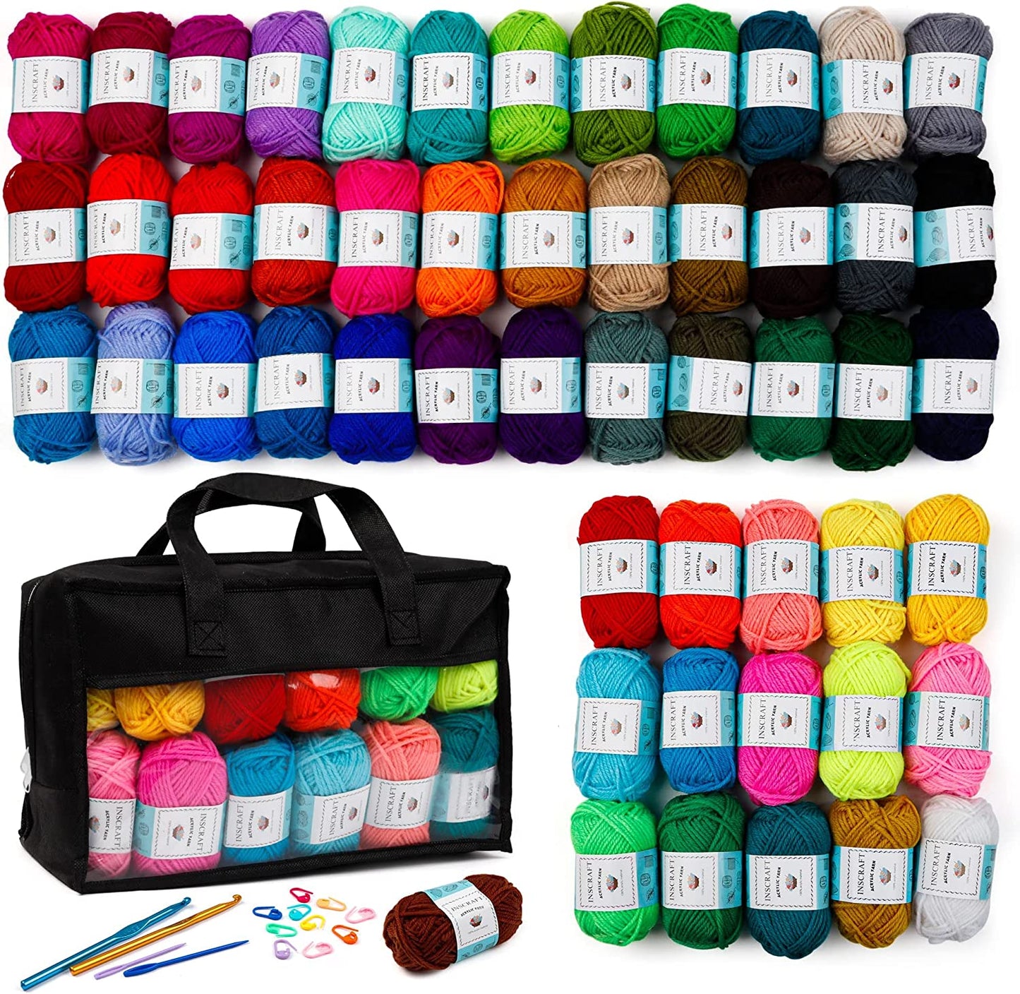 2080 Yards Crochet Yarn 52 Acrylic Yarn Skeins,  Storage Bag Includes 6 E-Books, 2 Crochet Hooks, 2 Weaving Needles, 10 Locking Stitch Markers for Crochet & Knitting 