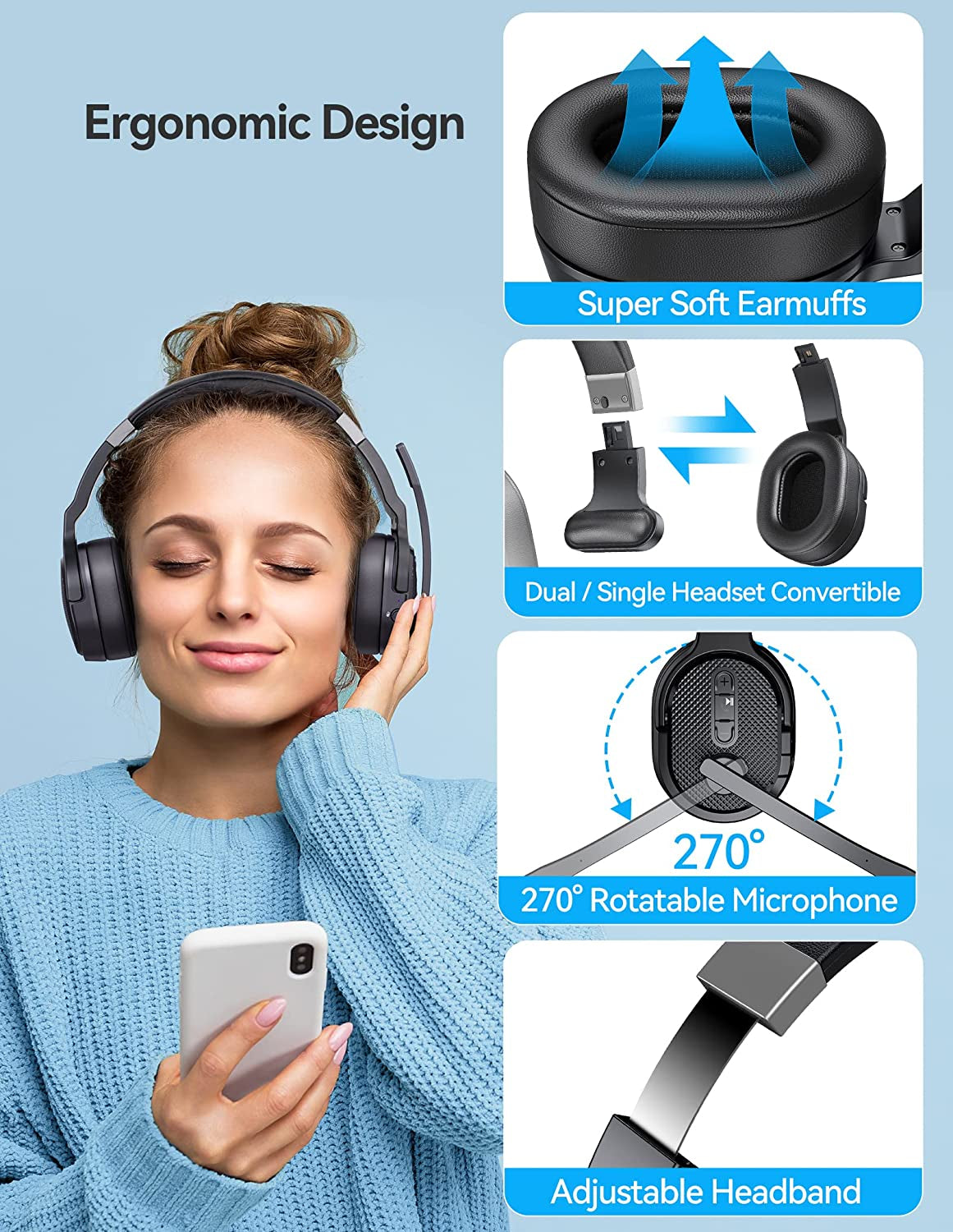 Wireless Bluetooth Trucker Headset with Microphone, Noise Cancelling, 3 EQ Music Modes - Bluetooth Headset for Truck Drivers, Office, and Call Centre Work, Single and Dual Ear Wireless Headphones