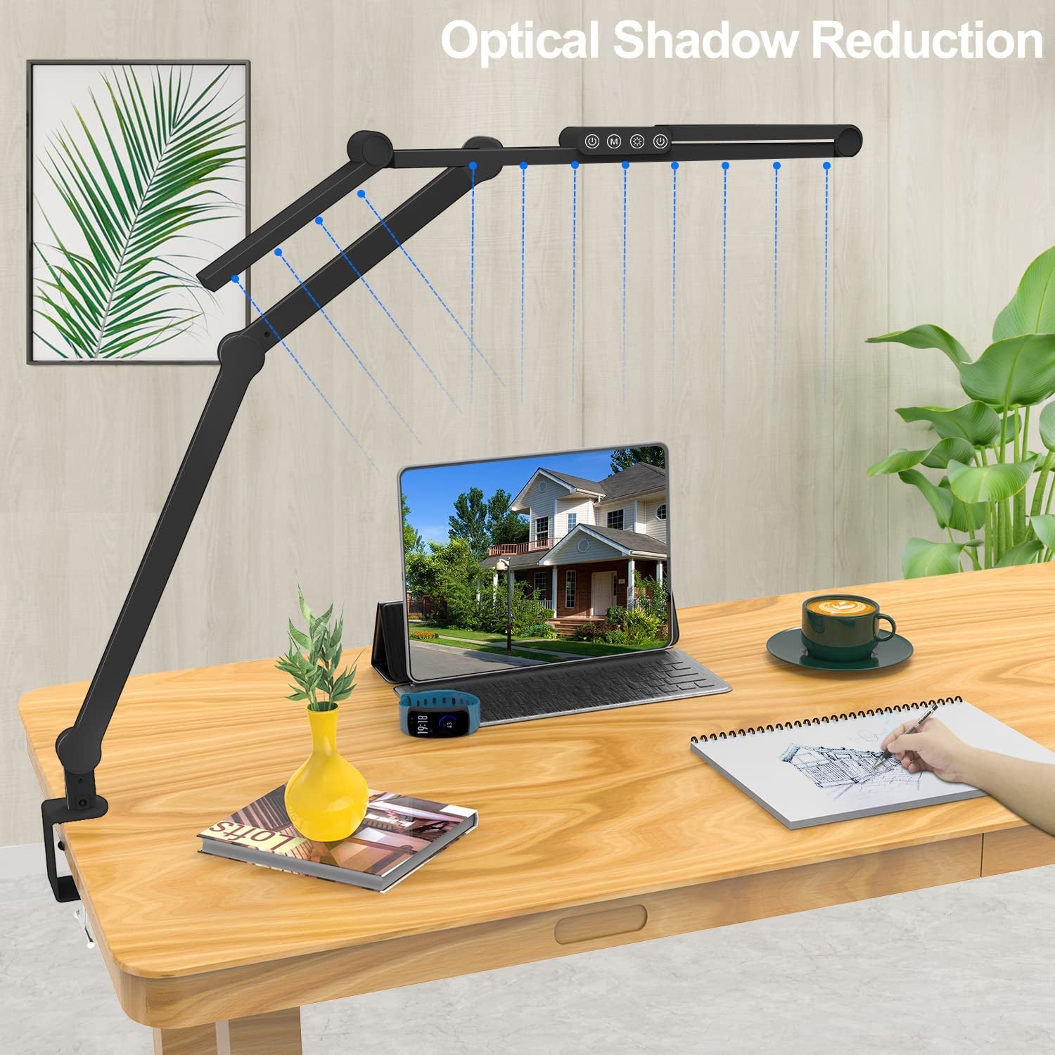 Architect Desk Lamp: LED Desk Lamp with Clamp for Home Office, Featuring Atmosphere Lighting, 24W Ultra Bright Auto Dimming, Stepless Dimming, and Tempering LED Table Light