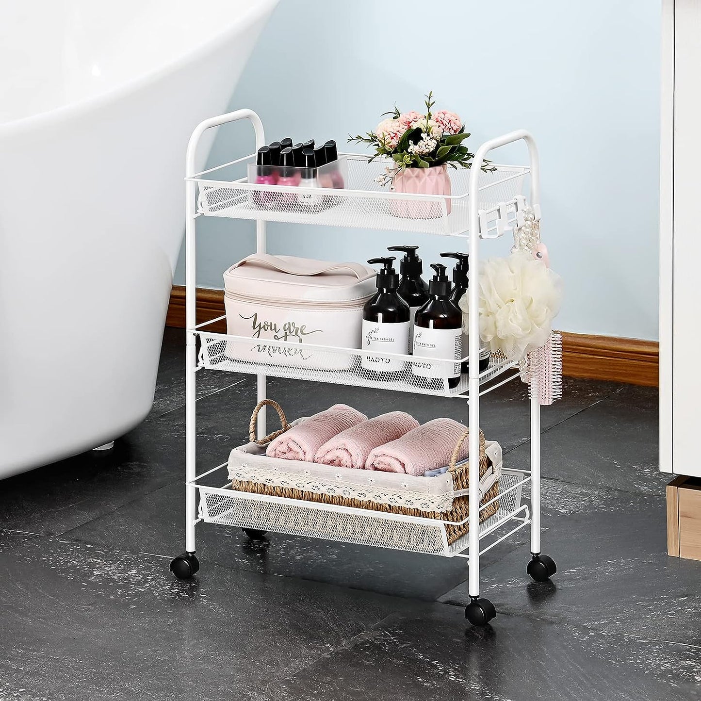 Rolling 3-Tier Cart - Easy Assembly, Mobile Storage Trolley with Wheels, Slide-Out Utility Cart for Kitchen, Bathroom, Laundry Room White