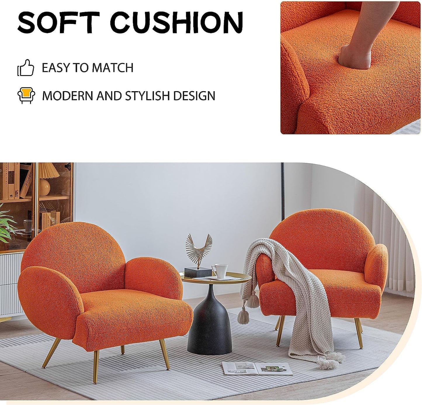 Orange Accent Sherpa Chair - Comfy Modern Armchair with Golden Metal Legs Mid-Century Sofa Chair