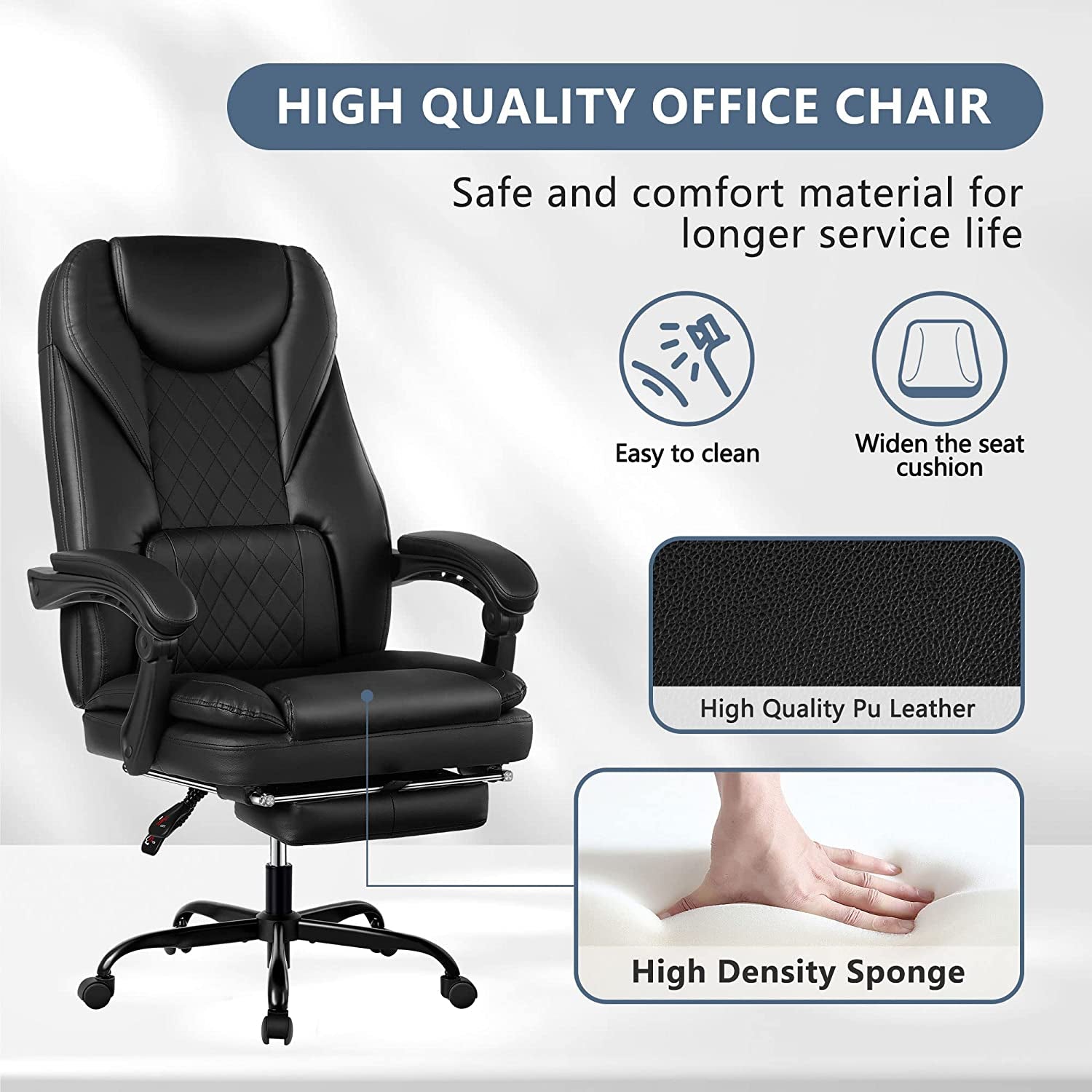 Executive Office Chair for Big and Tall Individuals - Features a Reclining Leather Chair with a Footrest, High Back, Lumbar Support, Ergonomic Design, and Padded Armrests, Suitable for Home Office Use. Available in Black.