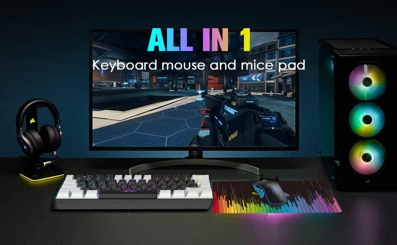 4-in-1 Gaming RGB Wired Keyboard and Mouse Combo - USB Gaming Keyboard with Compact 61 Keys and RGB LED Backlighting, along with a Gaming Mouse with 6400 DPI. Designed for Nintendo, Windows PC Gamers, and PS4.