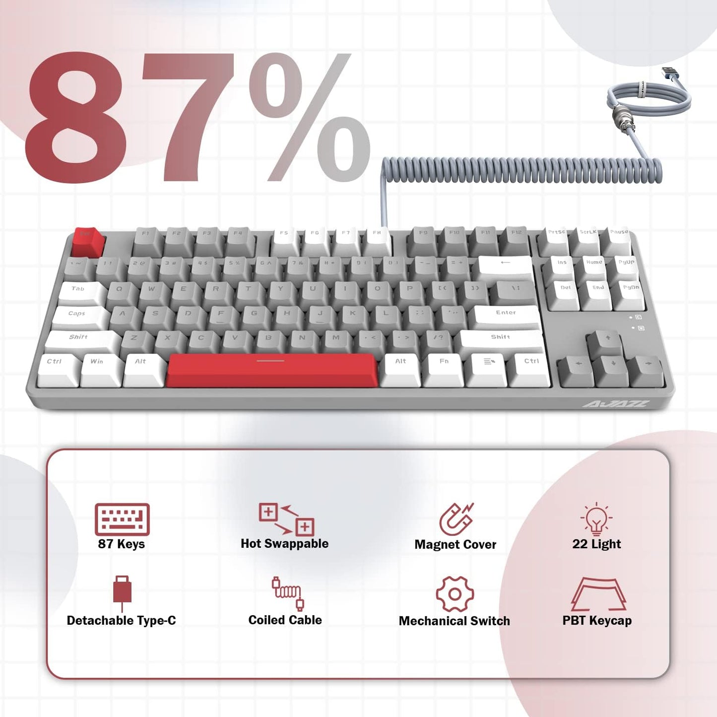 AK873 Wired 87 Key TKL Mechanical Gaming Keyboard - Rainbow Backlit, Hot-Swap Linear Red Switch, NKRO, Gasket, Custom Coiled Aviator USB-C to USB-A Cable. Designed for Win, PC, Mac, PS4, Switch, Xbox Gamers White Grey