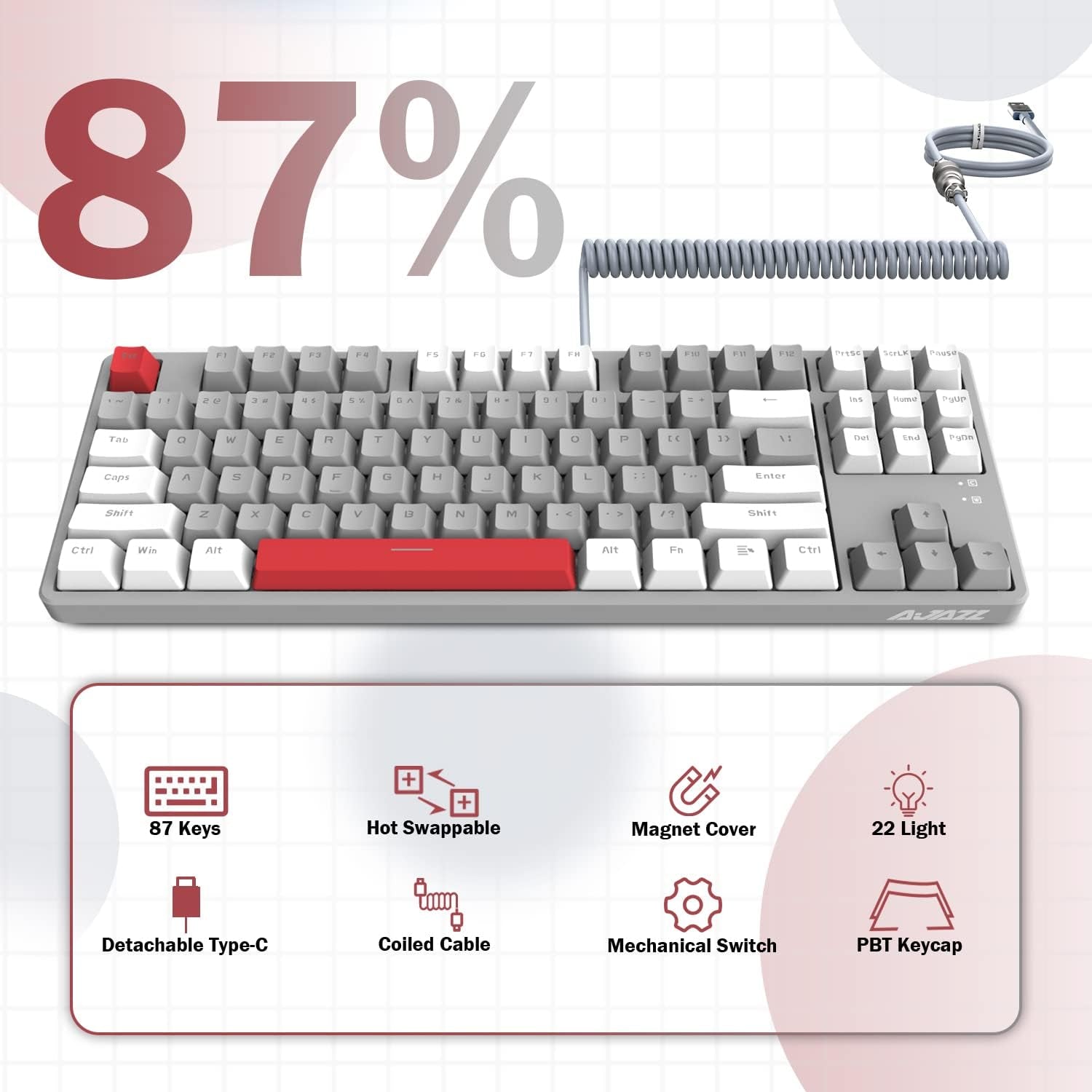 AK873 Wired 87 Key TKL Mechanical Gaming Keyboard - Rainbow Backlit, Hot-Swap Linear Red Switch, NKRO, Gasket, Custom Coiled Aviator USB-C to USB-A Cable. Designed for Win, PC, Mac, PS4, Switch, Xbox Gamers White Grey