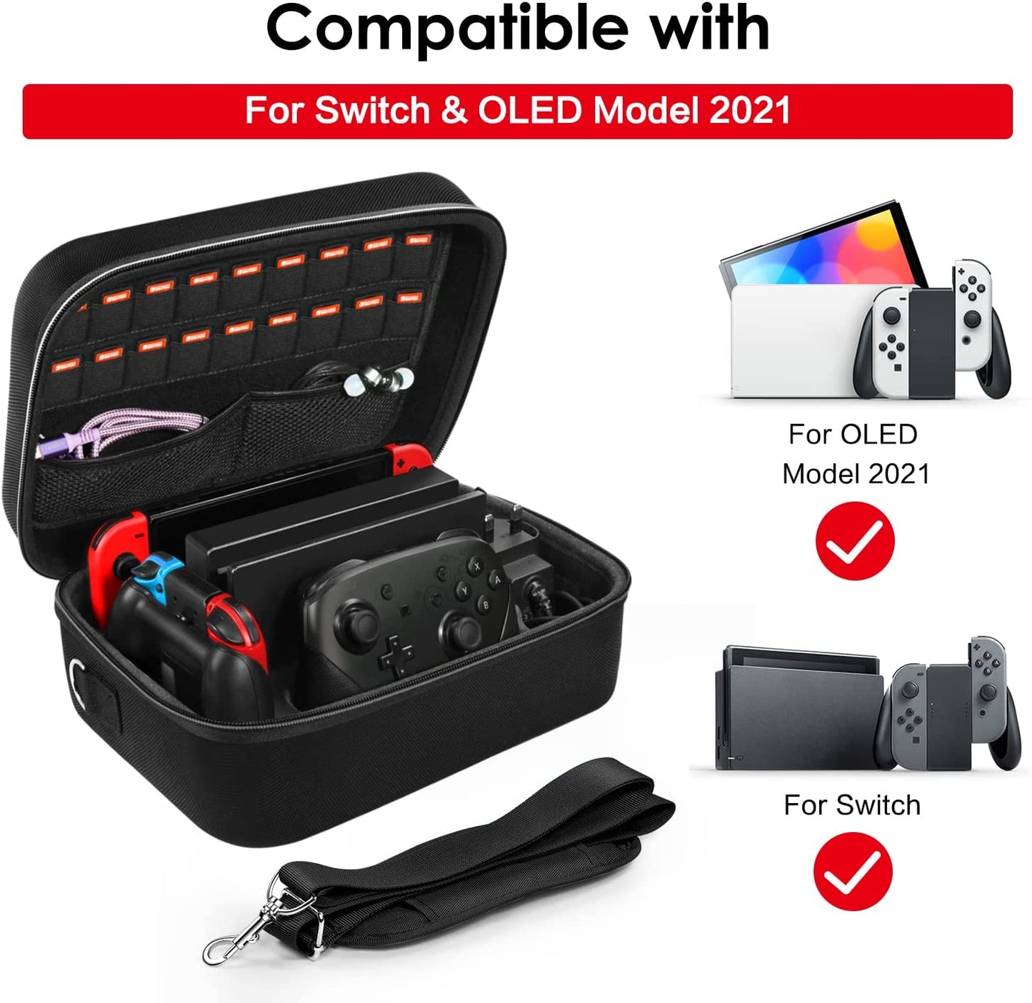  Carrying Storage Case for Nintendo Switch/Switch OLED Model (2021) - Portable Travel Protective Hard Messenger Bag with Soft Lining, Accommodates 18 Games, Switch Console, Pro Controller & Accessories - Black