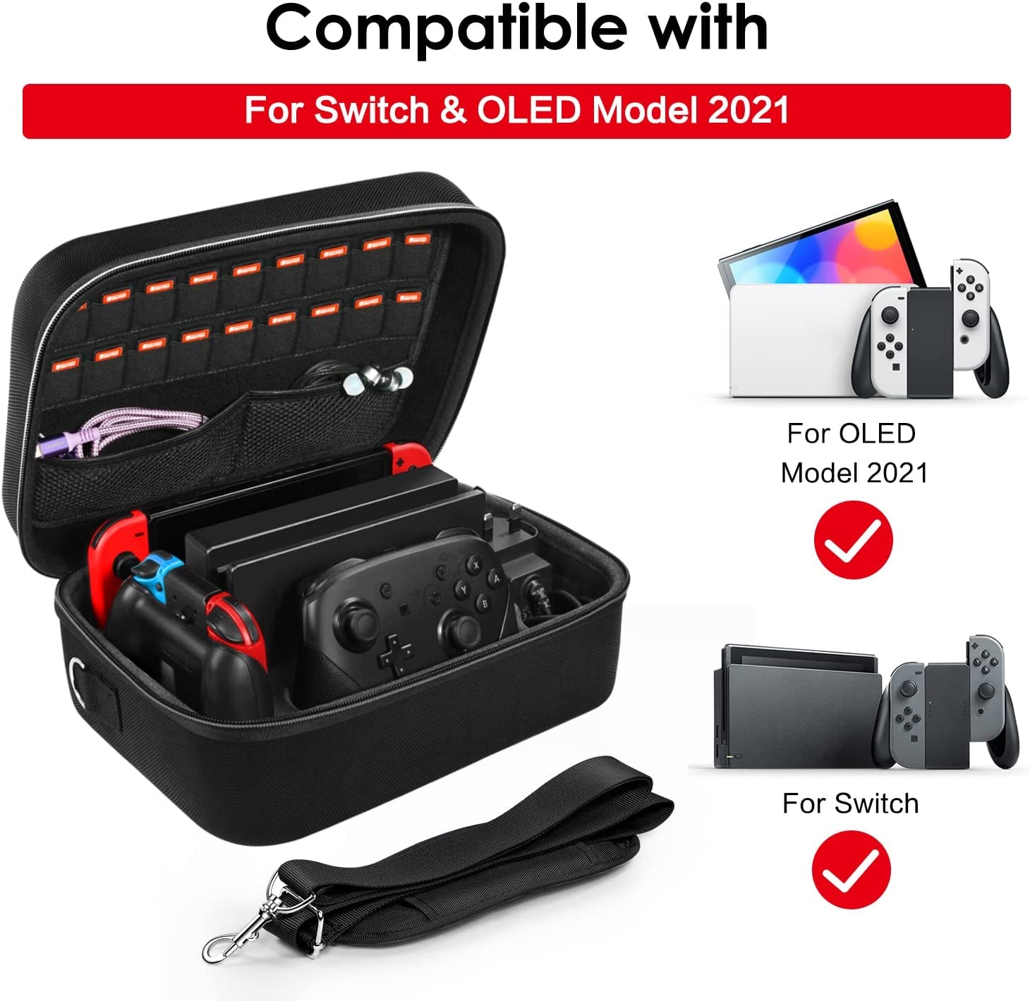  Carrying Storage Case for Nintendo Switch/Switch OLED Model (2021) - Portable Travel Protective Hard Messenger Bag with Soft Lining, Accommodates 18 Games, Switch Console, Pro Controller & Accessories - Black