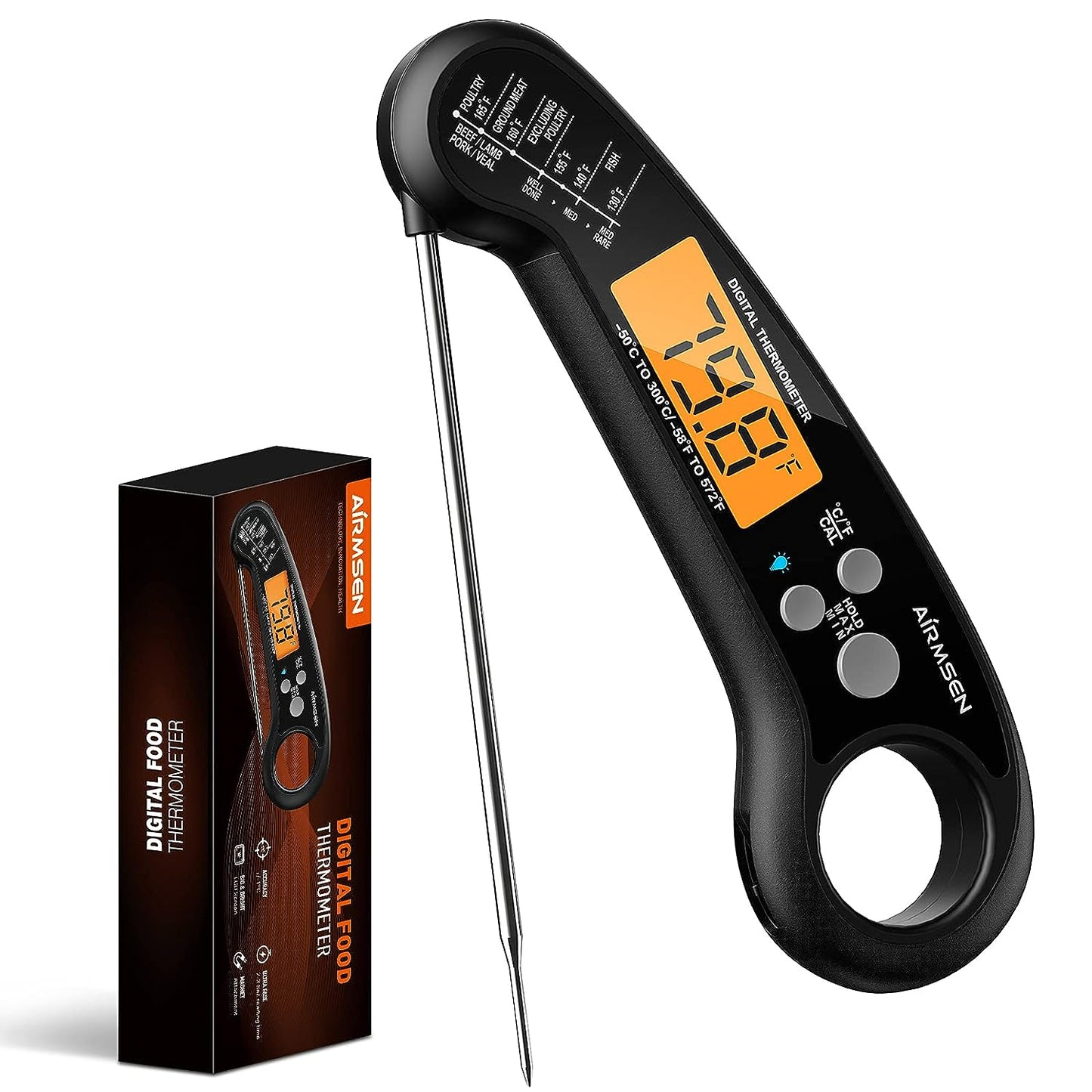 Digital Instant Read Meat Thermometer - Designed for Grill, Cooking, and More - Offers Fast and Precise Temperature Reading - IP67 Waterproof - Backlight and Calibration - Suitable for Kitchen, Oil Deep Fry, BBQ, and Candy 