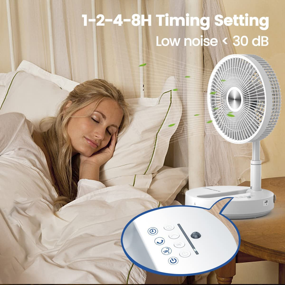 10-Inch Oscillating Fan with Remote, Adjustable Height, USB Rechargeable, 4 Speeds, 8-Hour Timer Setting for Bedroom, Home Office, Outdoor Camping, Tent Travel, White