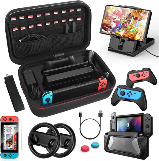 Comprehensive Nintendo Switch Carrying Case and Accessory Bundle - 12-in-1 Set with Protective Case, Screen Protector, PlayStand, Joycon Grip, and More (Black)