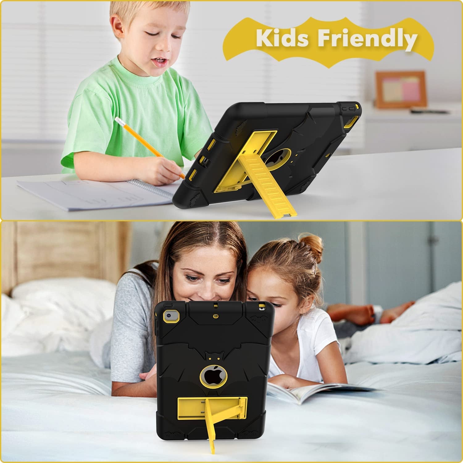 Rugged Protective Case for iPad 6th/5th Generation (2018/2017), iPad Air 2 (2014), and iPad 9.7'' - Heavy-Duty Shockproof Cover with Kickstand, Designed for Durability and Protection for Kids, Boys, and Girls; Stylish Black and Gold Design