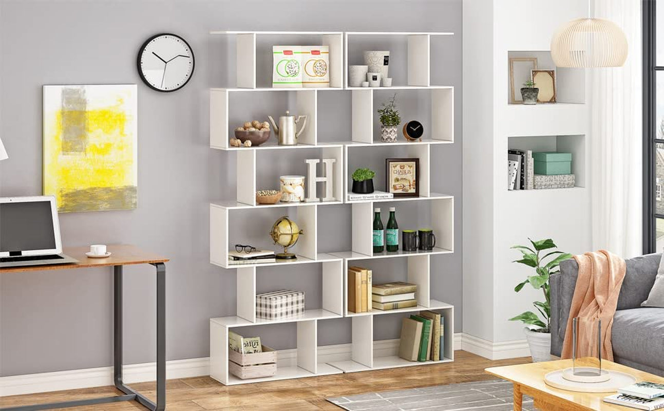 6-Tier Wooden S-Shaped Bookshelf in White - Ideal for Living Room, Bedroom, and Study Room Display.