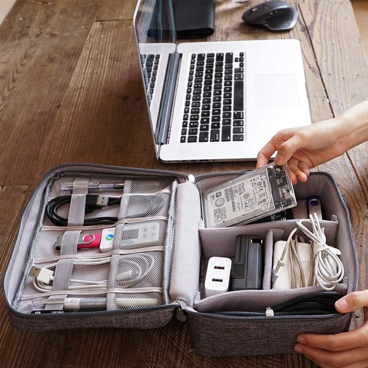 Large Travel Cable Organizer Bag for Electronics Accessories - Two-Layer Design for iPad Mini, Kindle, Hard Drives, Cables, Chargers - Grey