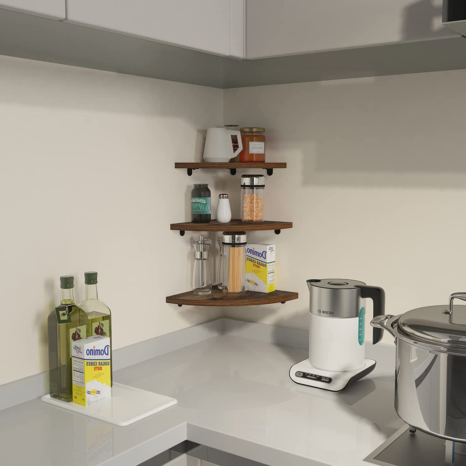 Set of 6 Floating Corner Shelves - Rustic Wood Design - Ideal for Bedroom, Living Room, Bathroom, and Kitchen - Adds Decorative and Functional Space to Corners.