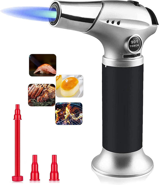  Butane Torch: Refillable Kitchen Torch Lighter with Safety Lock and Adjustable Flame for Culinary Applications - Ideal for Creme Brulee, BBQ, Baking, and Desserts (Gas Not Included)