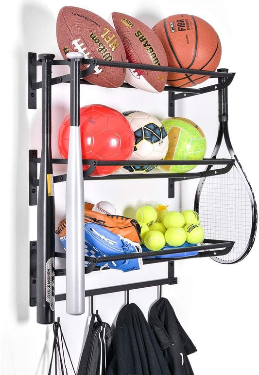 Wall-Mounted Sports Equipment Storage Shelf: Garage Ball Storage Rack with Hooks for Basketball, Black