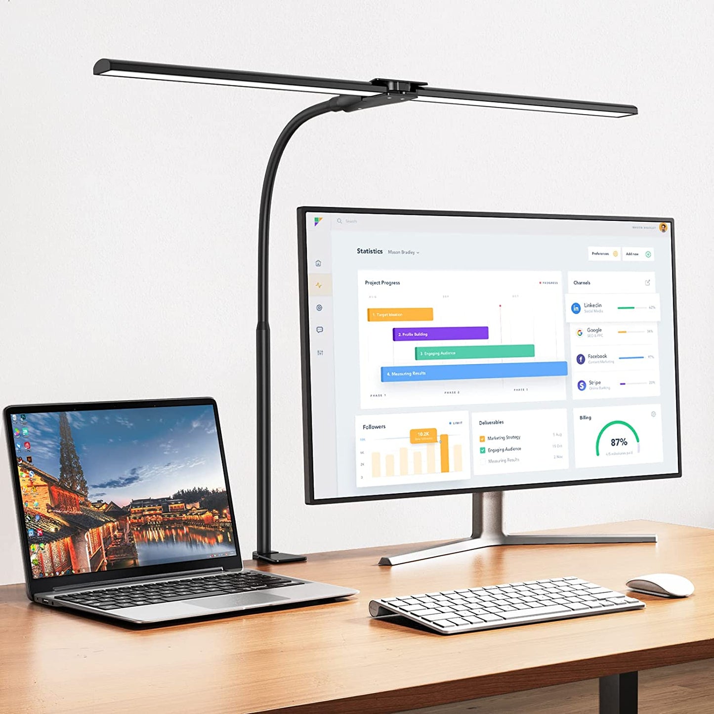 Double-Head LED Desk Lamp for Home Office, Extra Bright Workbench and Office Lighting, Eye Protection Modern Desk Light for Monitor, Studio Work, Reading, 1200 Lumens