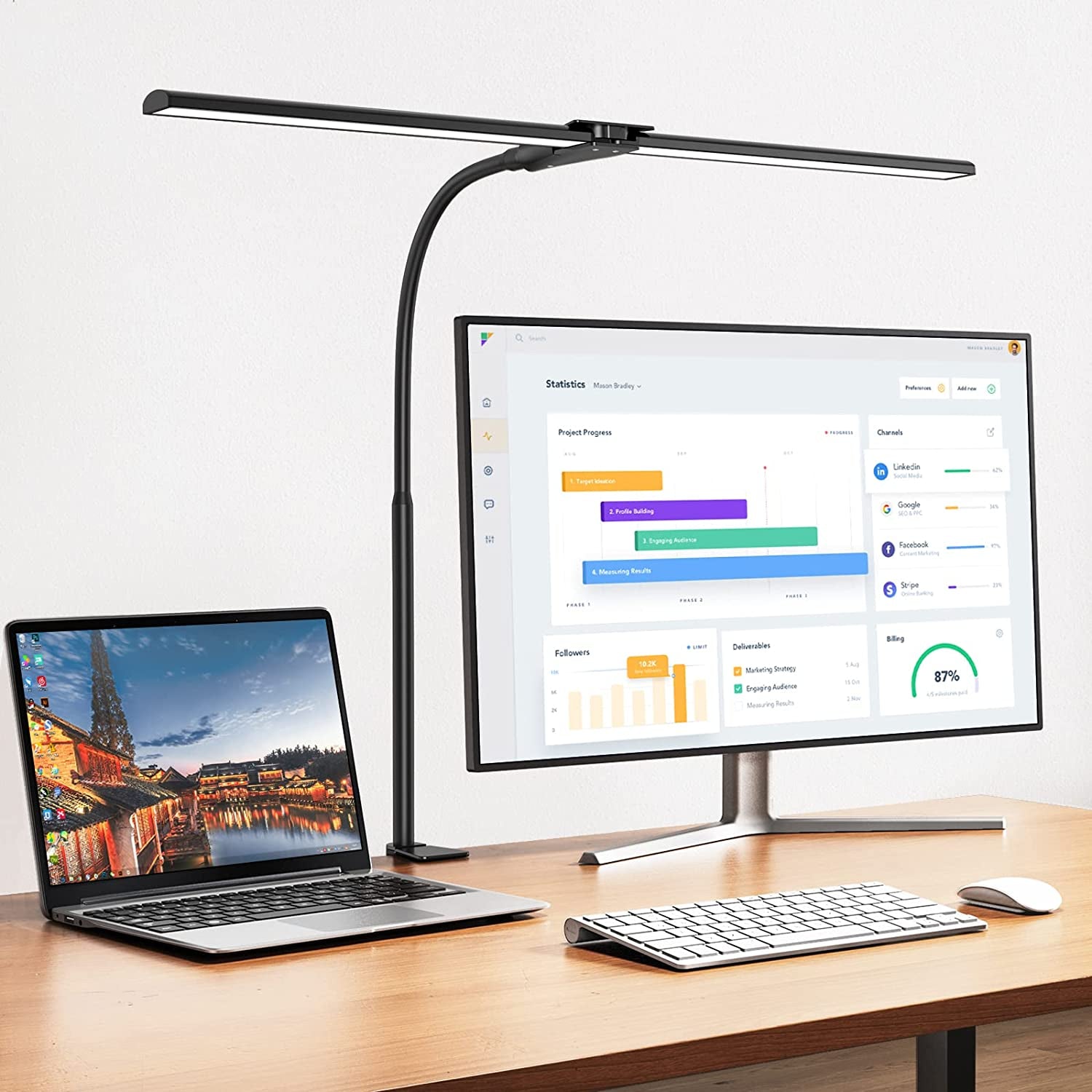Double-Head LED Desk Lamp for Home Office, Extra Bright Workbench and Office Lighting, Eye Protection Modern Desk Light for Monitor, Studio Work, Reading, 1200 Lumens