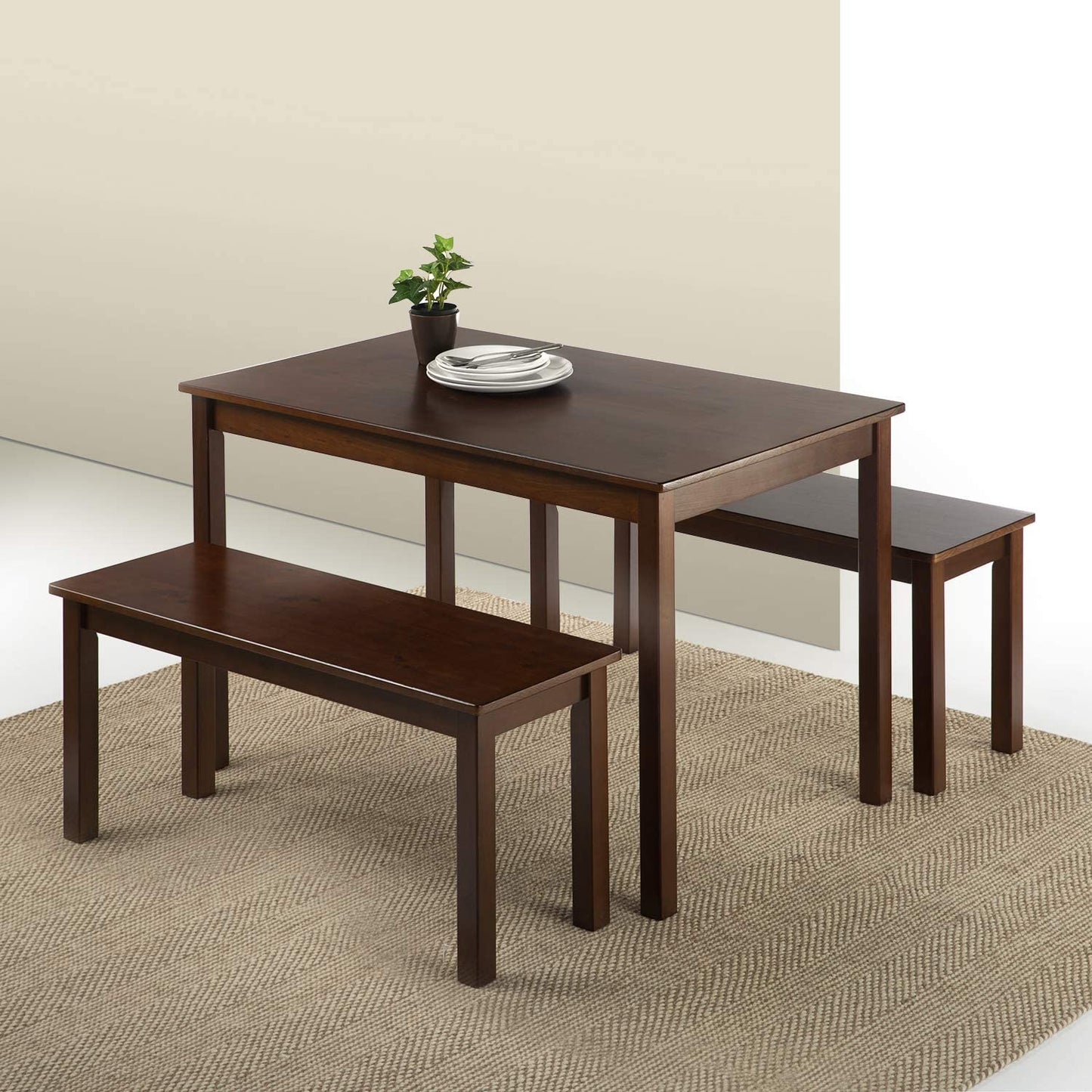 Espresso Wood Dining Table Set with Two Benches - 3 Piece Set