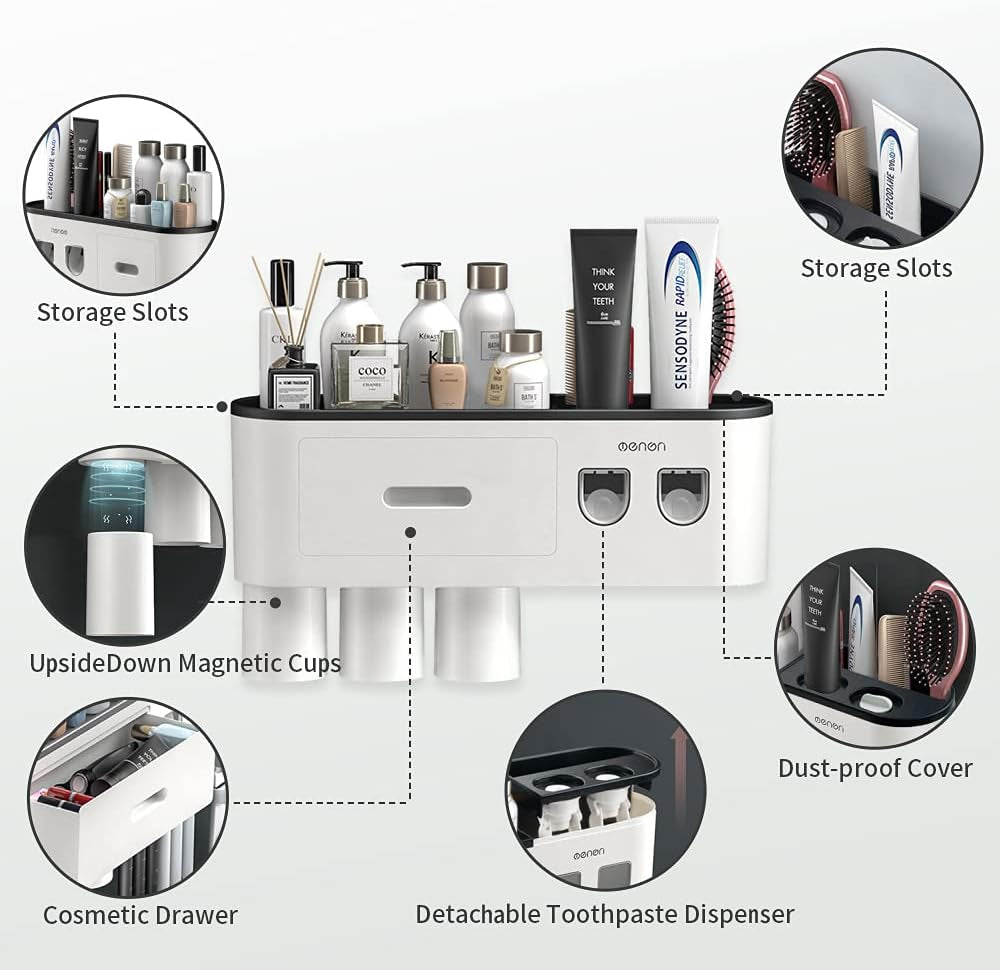 Bathroom Toothbrush Holder Kit: Wall Mounted with Double Automatic Toothpaste Dispensers, 6 Brush Slots, 1 Cosmetic Drawer Organizer, 1 Large Storage Tray, and 3 Black Cups