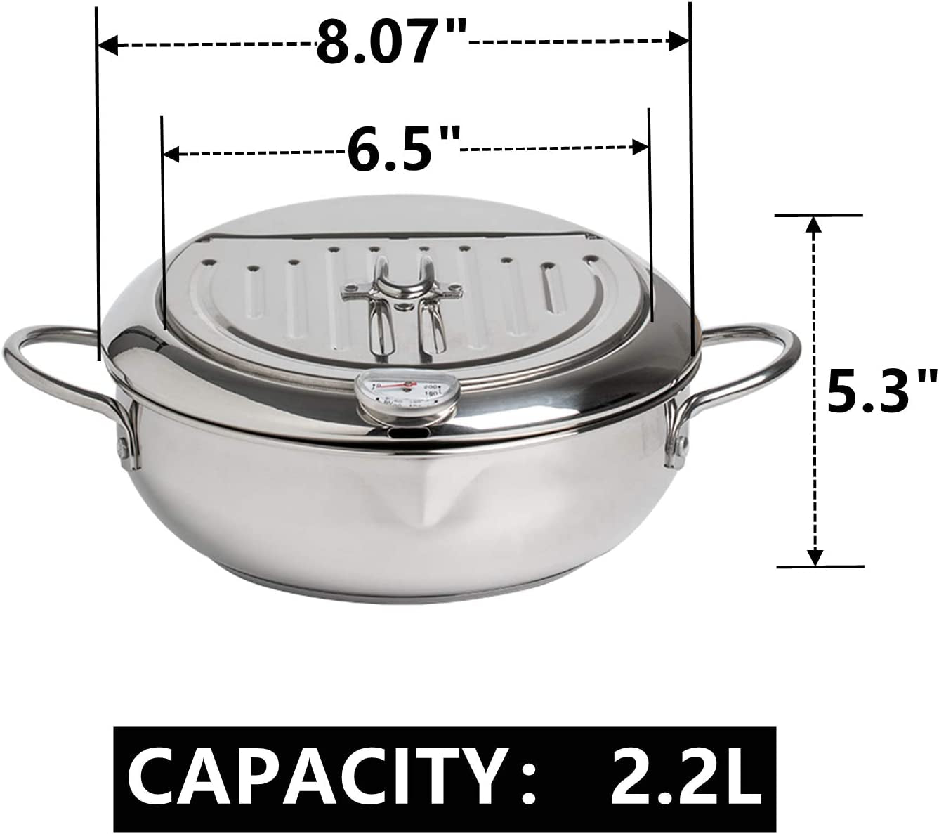 Japanese-Style Tempura Deep Fryer Pot: 304 Stainless Steel Frying Chicken Pot with Lid and Thermometer, 2.2L Capacity (Diameter: 6.5")