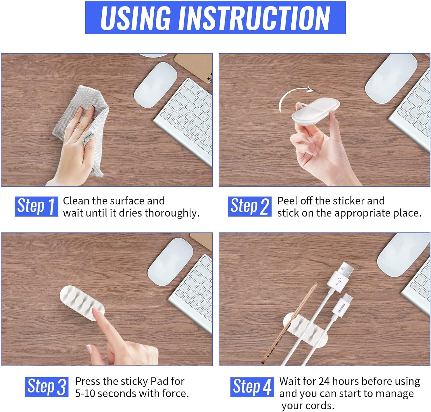 Cable Clips 16 Pack - Self Adhesive Cord Organizer for USB Charging Cables, Power Cord, Mouse Cables, Headphone Cords - White