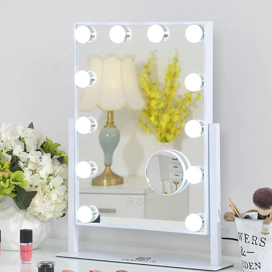 Hollywood-style Lighted Makeup Mirror - Vanity Mirror with Smart Touch Control - Features 3 Dimmable Light Colors - Includes Detachable 10X Magnification - Offers 360° Rotation - Elegant White Design.