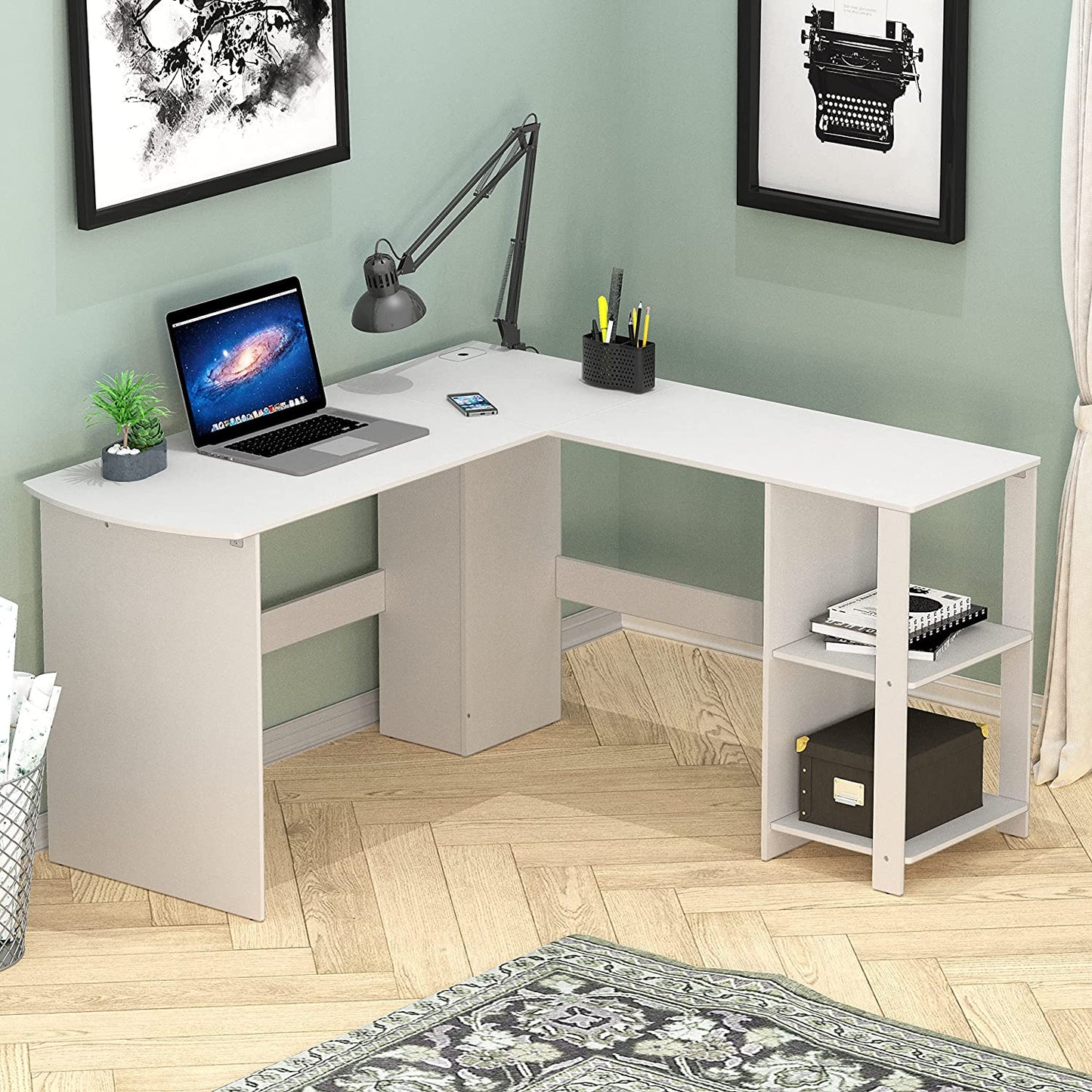 L-Shaped White Wood Corner Desk for Home Office